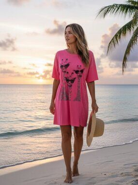 * Elissia Pink Cotton Lagenloook Giraffe Print Beach Dress Size 42/ L